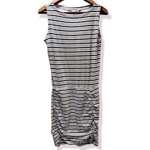 Athleta Striped Ruched Boatneck Midi Dress